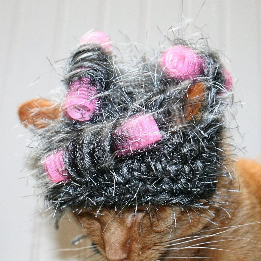 HAND CRAFTED Granny Hair Curlers Cat Hat Crochet Gray Hairy Wig Costume
